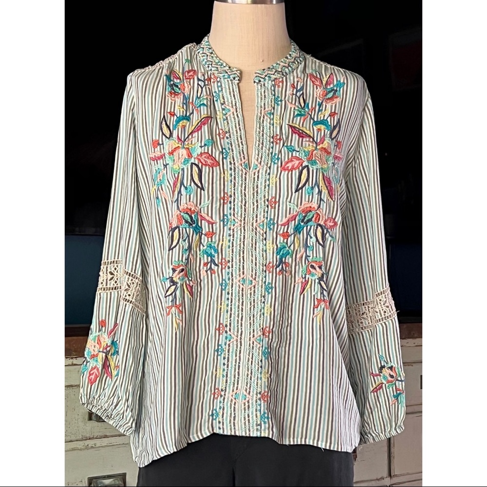 Johnny Was Lais Paris Effortless Striped Embroidered Blouse NWT New S